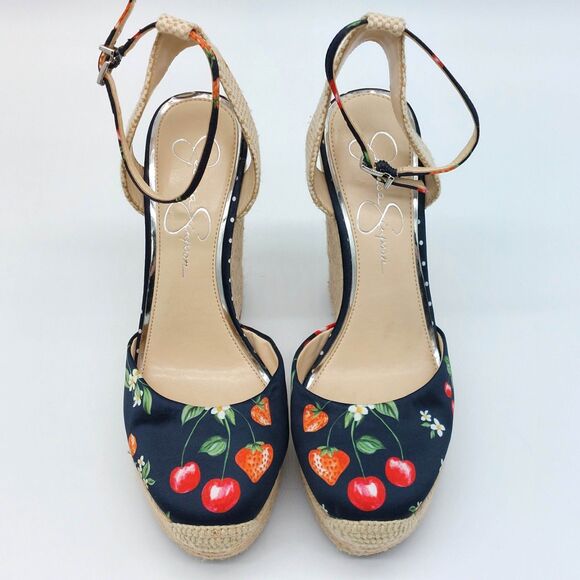Jessica Simpson Platform Sandals Sz 8.5M Wedges Espadrilles Summer Satin Fruit - Picture 9 of 10